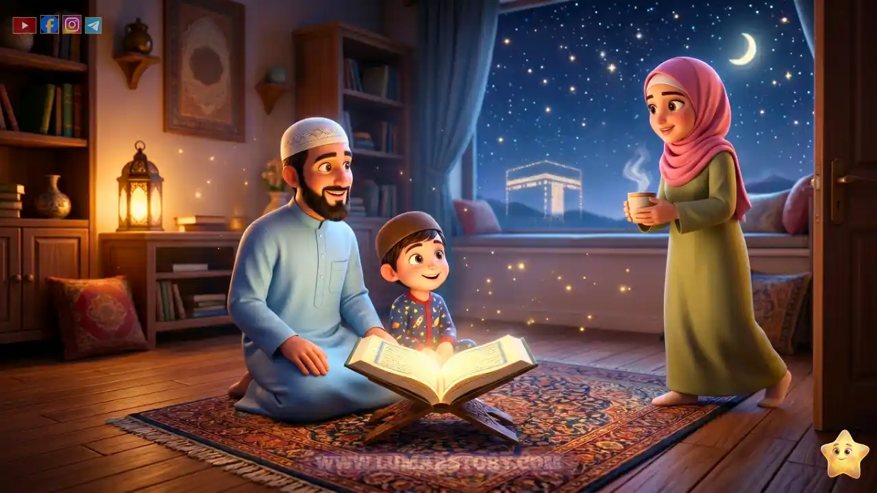 الأم الحنونة تدخل الغرفة وتحمل كوباً من الحليب الدافئ لياسر قبل النوم.