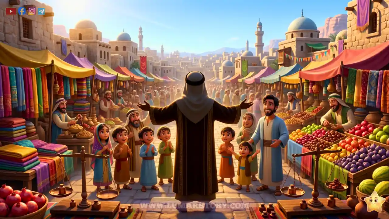 سيدنا شعيب من الخلف يقف أمام الأطفال السعداء والتاجر الشاب في سوق مدين الجديد بعد تعلمهم الأمانة والعدل.