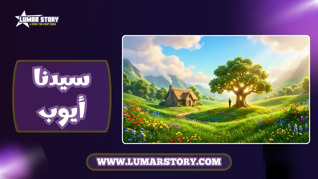 غلاف قصة سيدنا أيوب للأطفال، يظهر وادياً أخضر وشجرة مضيئة تعبر عن الصبر والإيمان.