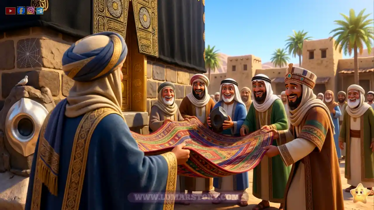 النبي يحل الخلاف ويشارك زعماء القبائل في رفع الحجر الأسود باستخدام ثوب.