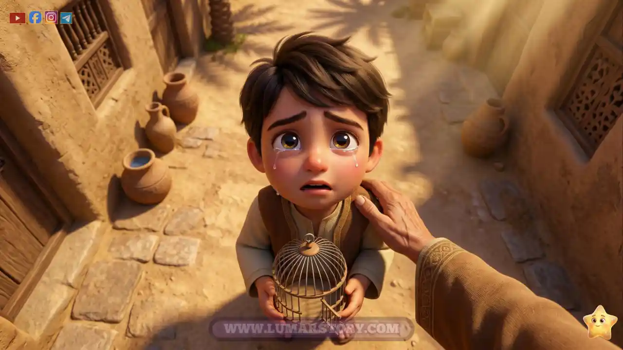 يد النبي الحانية تواسي الطفل أبا عمير الذي يبكي على عصفوره الصغير في المدينة المنورة.