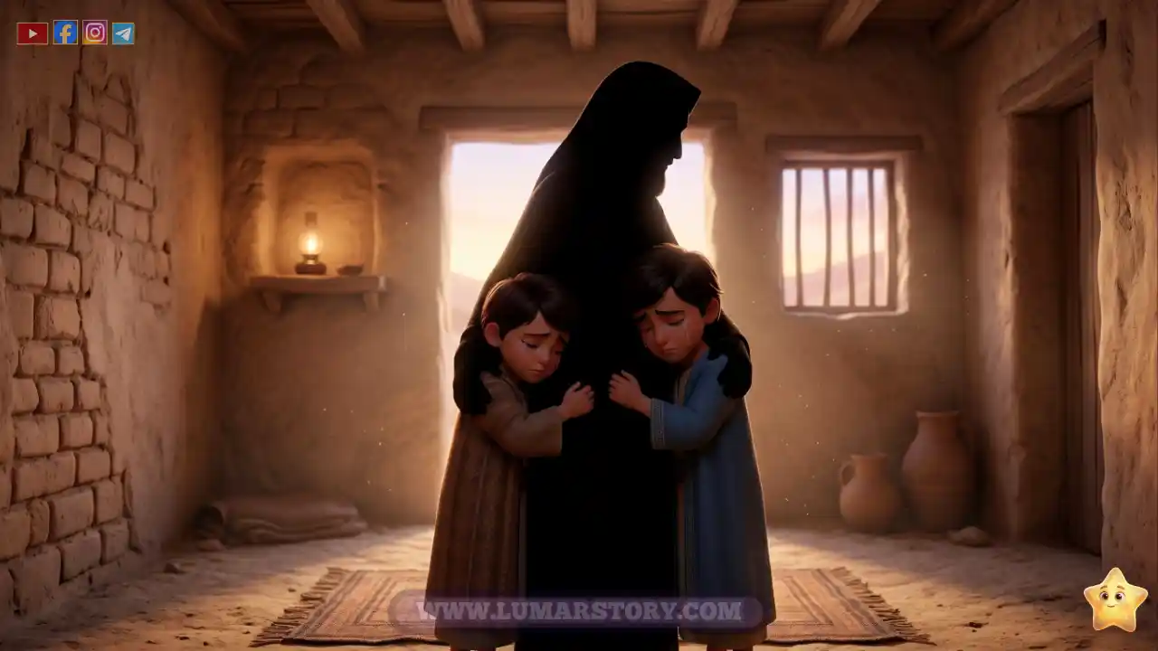 صورة ظلية للنبي صلى الله عليه وسلم وهو يواسي ويحتضن أطفال جعفر الصغار والفرِقين داخل بيت طيني متواضع.