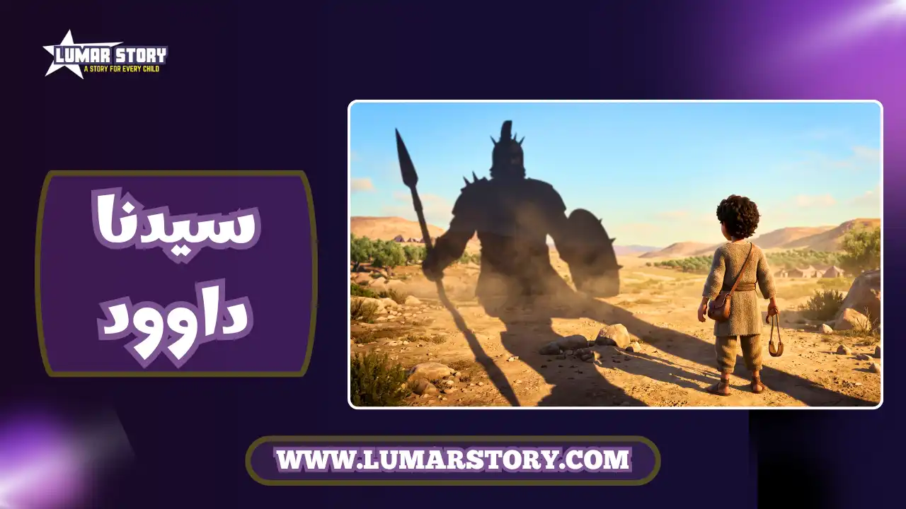 غلاف قصة سيدنا داوود للأطفال، يظهر سيدنا داوود من الخلف وهو يحمل مقلاعه بشجاعة أمام ظل جالوت الضخم.
