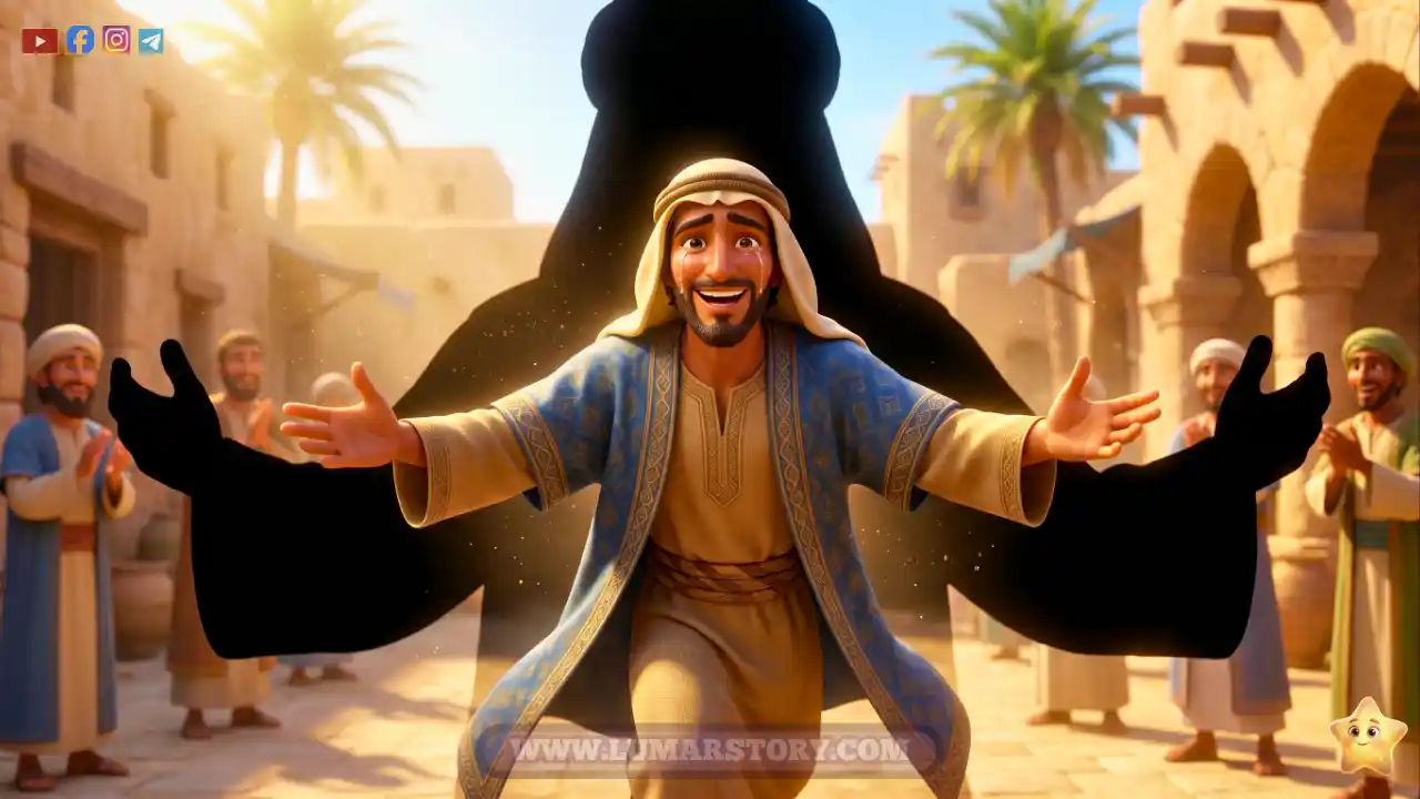 لقطة من خلف ظهر النبي صلى الله عليه وسلم (ظليّة) وهو يعانق جعفر بن أبي طالب بفرح شديد ودموع السعادة في ساحة المدينة المنورة.