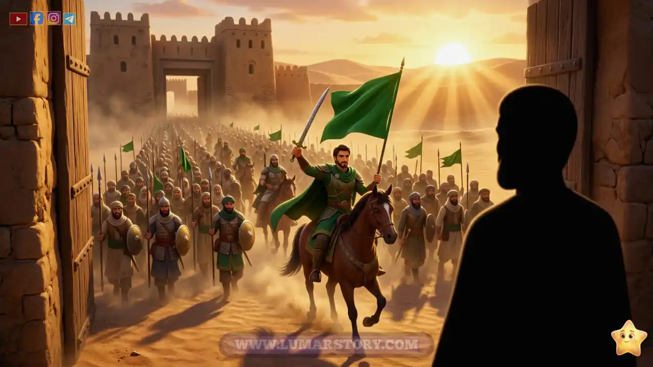 النبي محمد يودع جيش المسلمين المتجه إلى مؤتة بقيادة زيد بن حارثة وهو يركب حصانه بشجاعة.