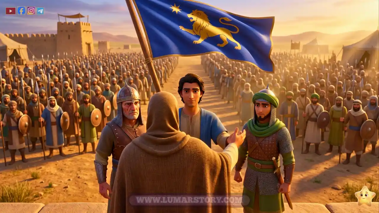 النبي صلى الله عليه وسلم من الخلف يسلم الراية لقادة جيش مؤتة الثلاثة (زيد، جعفر، وابن رواحة) أمام الجيش.