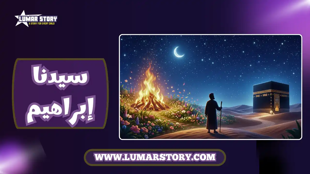 غلاف قصة النبي إبراهيم عليه السلام للأطفال، يظهر الكعبة المشرفة وسماء مرصعة بالنجوم وناراً تتحول إلى أزهار بأسلوب كرتوني جميل.