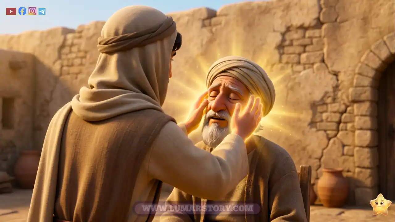 النبي عيسى يمسح على عيني الرجل الأعمى فيسترد بصره بفضل الله