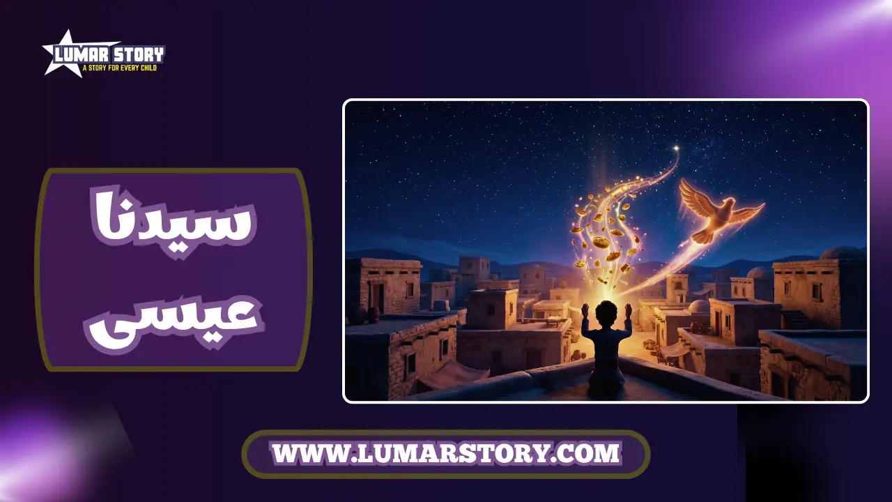 غلاف قصة النبي عيسى عليه السلام ومعجزاته للأطفال، يظهر طائر منير ومائدة تنزل من السماء