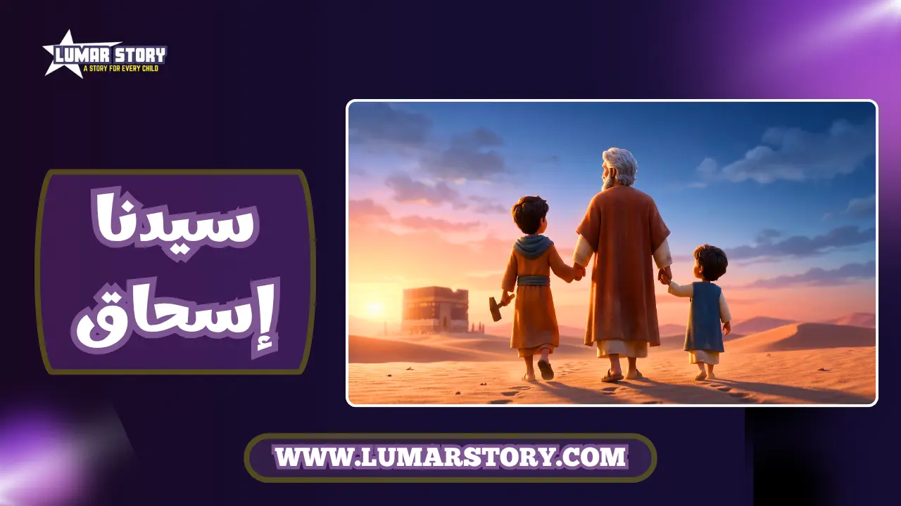 غلاف قصة سيدنا إسحاق للأطفال يظهر شخصيات تنظر إلى أفق الصحراء المشرق