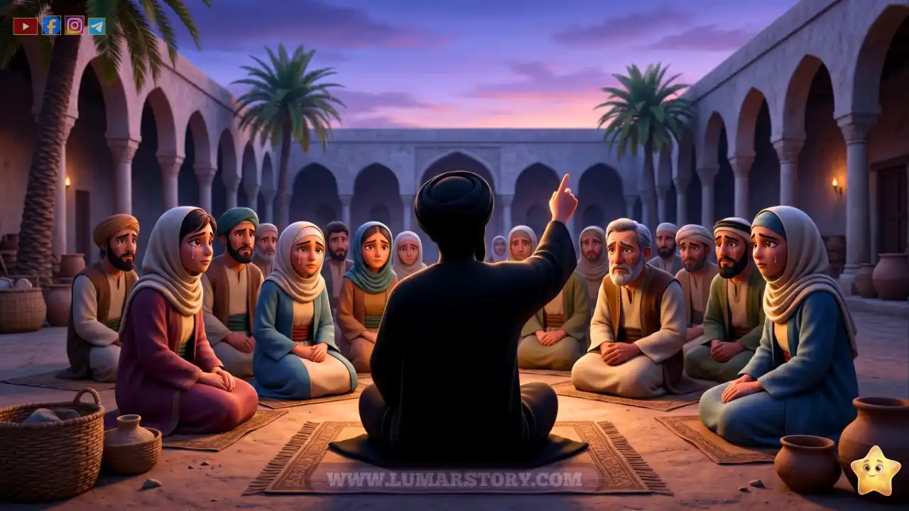 النبي محمد يجلس مع أصحابه الحزينين في المسجد النبوي ويخبرهم باستشهاد قادة معركة مؤتة.