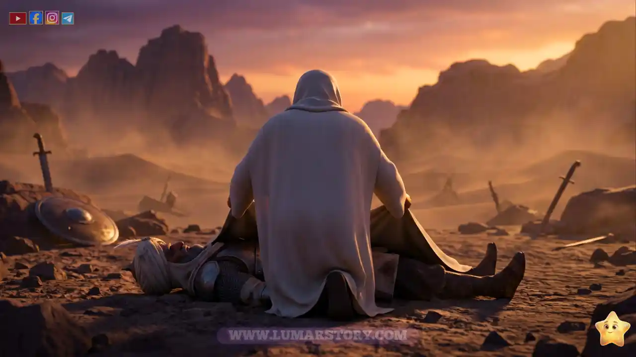 النبي محمد، مصور من الخلف بدون إظهار ملامح الوجه، يغطي جسد عمه حمزة سيد الشهداء بردائه في هدوء وحزن.