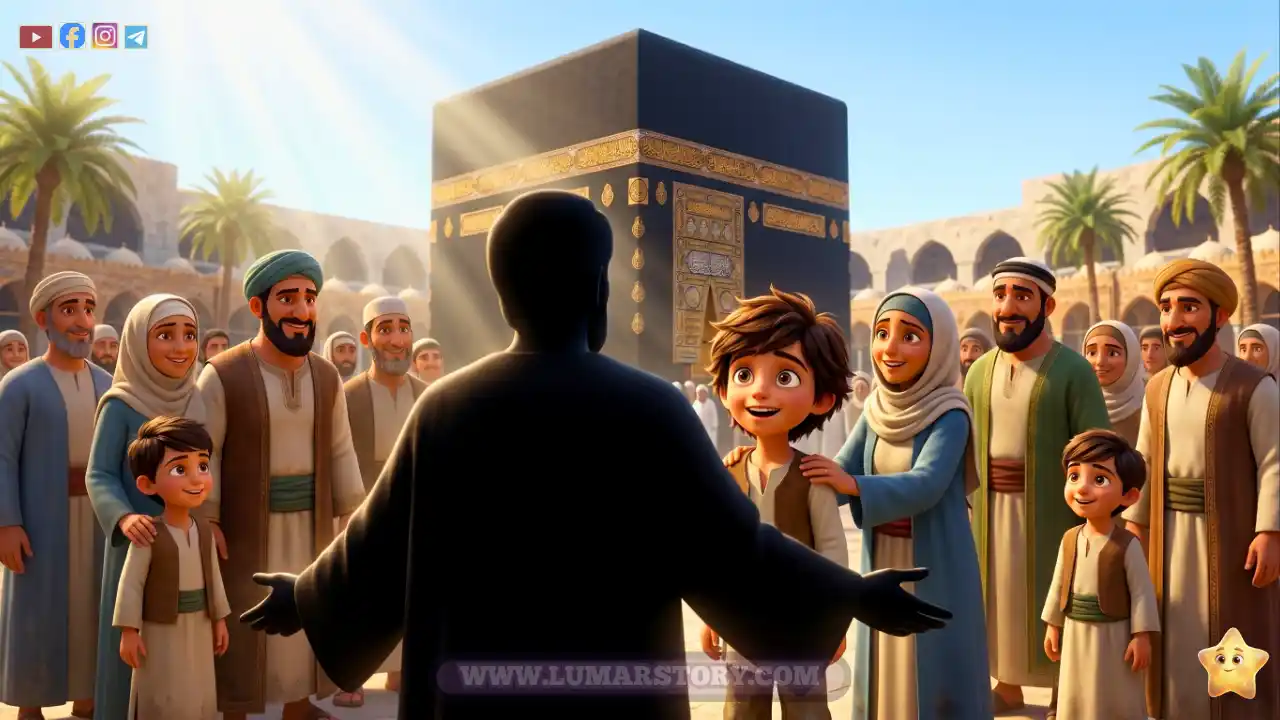 النبي محمد يحرر زيداً أمام الكعبة، وتظهر ملامح الفرح والمفاجأة على وجه زيد الصغير.