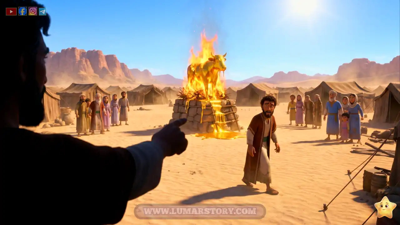 ظل النبي موسى يطرد السامري الخائف، بينما يحترق العجل الذهبي في الخلفية في وضح النهار.