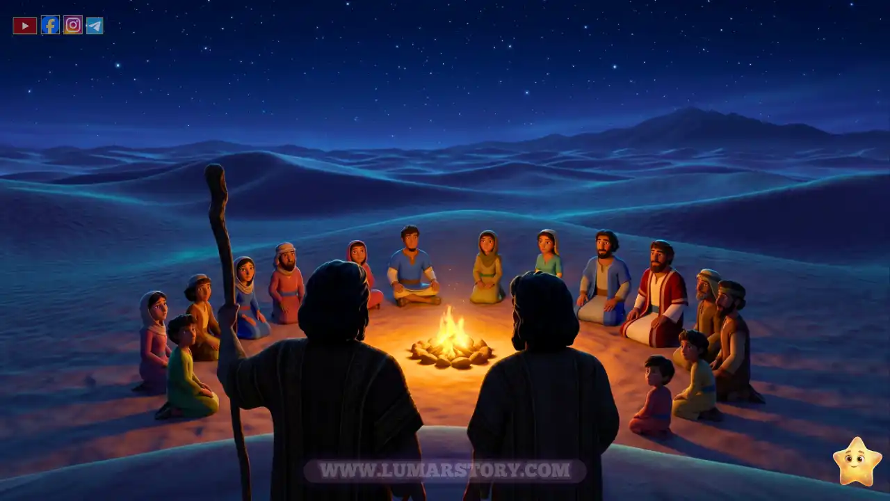 ظلال النبي موسى وهارون من الخلف يتحدثان إلى بني إسرائيل وهم يجلسون حول نار المخيم في الصحراء ليلاً.