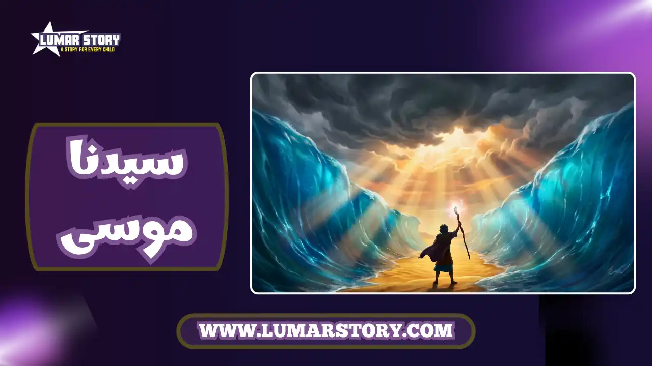 صورة غلاف كرتونية ثلاثية الأبعاد تظهر انشقاق البحر الأحمر لموسى عليه السلام، مع مساحة فارغة في الأعلى لعنوان القصة.
