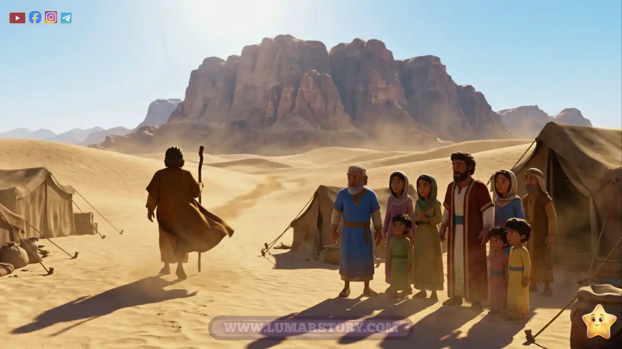ظل النبي موسى يتجه نحو الجبل بينما يبقى ظل النبي هارون مع بني إسرائيل القلقين في الصحراء نهاراً.