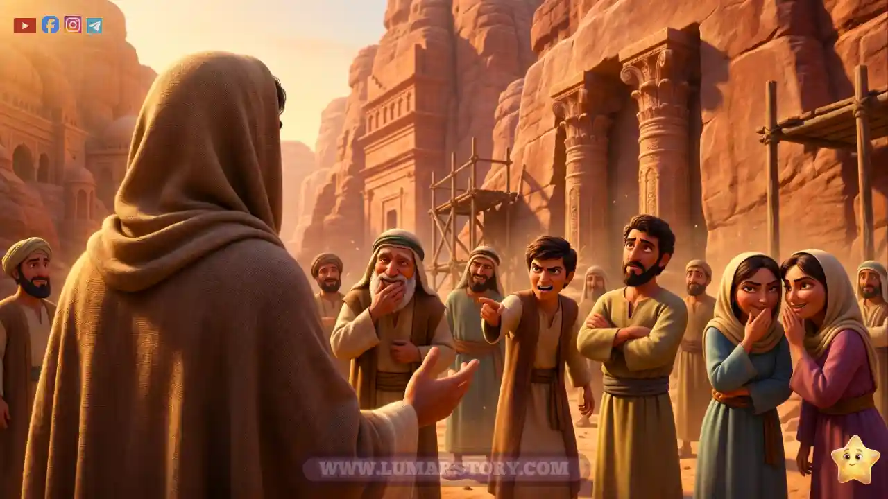 النبي صالح يدعو قومه بلطف لعبادة الله وهم يضحكون ويسخرون
