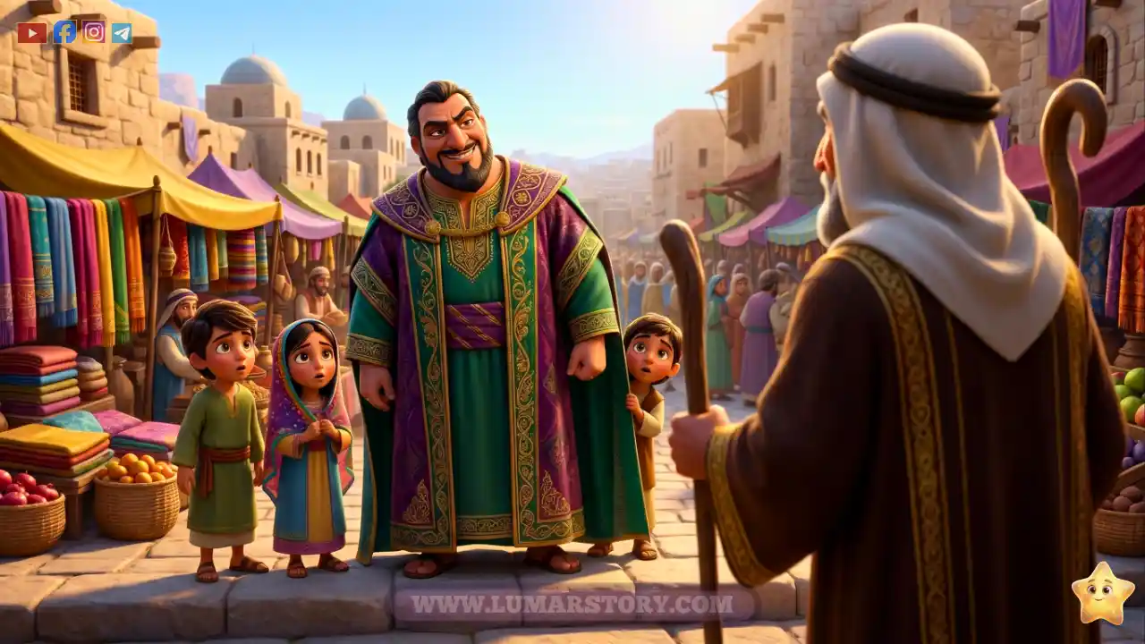 سيدنا شعيب من الخلف ينصح زعيم السوق المغرور بينما يستمع الأطفال بفضول.