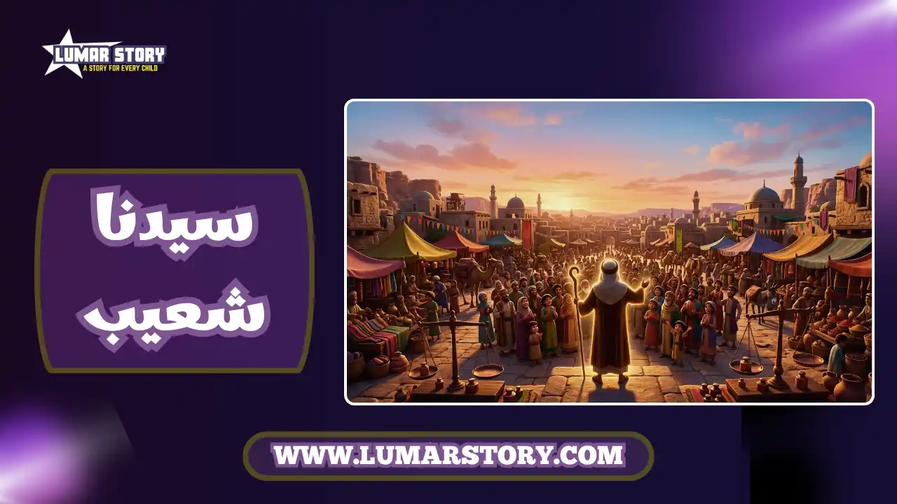 صورة غلاف لقصة سيدنا شعيب للأطفال، تظهر سوق مدين من الخلف وسيدنا شعيب ينصح الناس بأسلوب كرتوني ثلاثي الأبعاد.