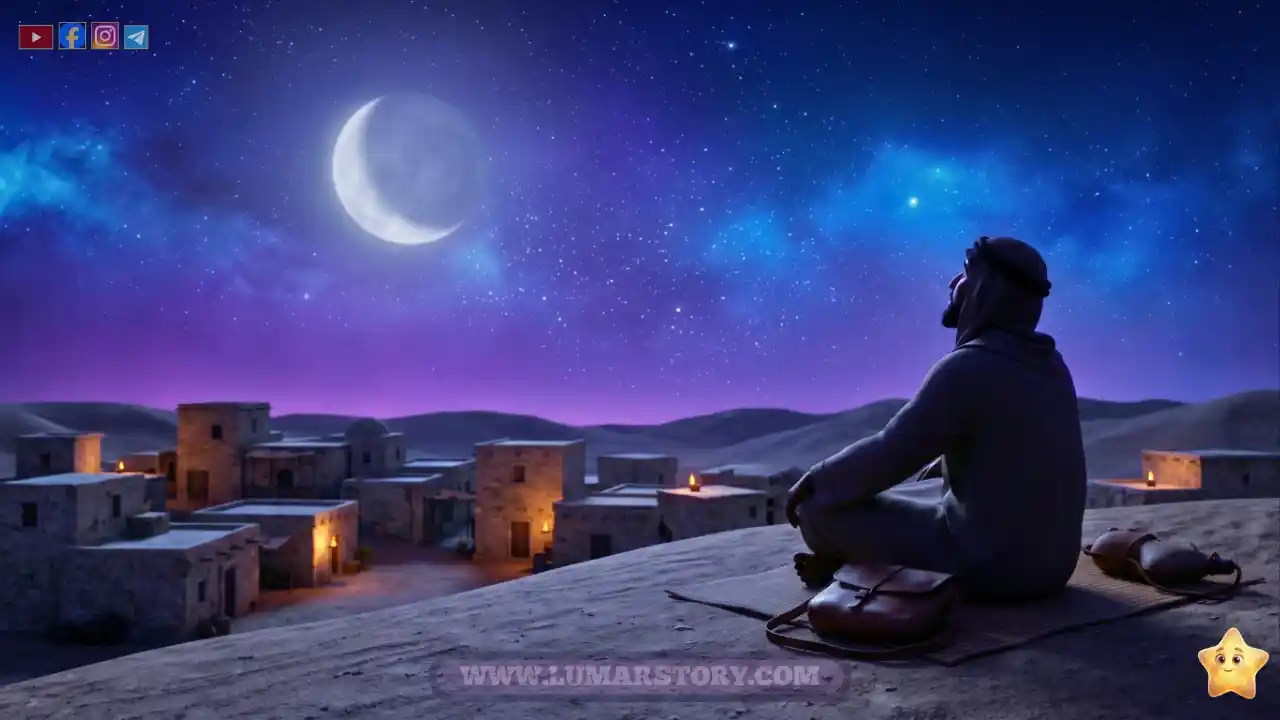 النبي محمد ﷺ يتأمل السماء الصافية والنجوم ليلاً في مكة المكرمة، مشهد هادئ ومريح.