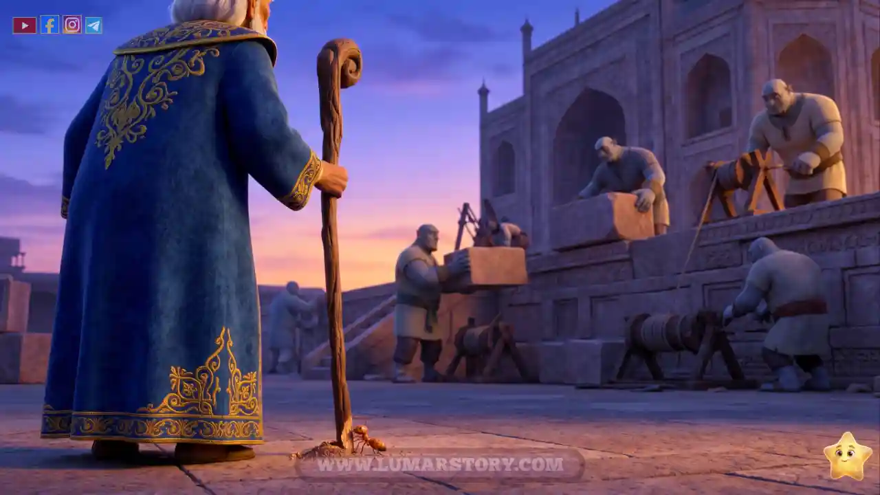 النبي سليمان من الخلف يستند على عصاه ودابة الأرض تأكلها بينما يستمر الجن في البناء