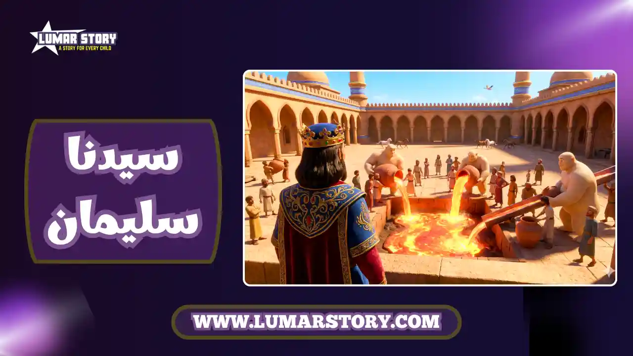 غلاف قصة النبي سليمان للأطفال بتصميم ثلاثي الأبعاد يظهر قصر سليمان والهدهد والنملة والخيول