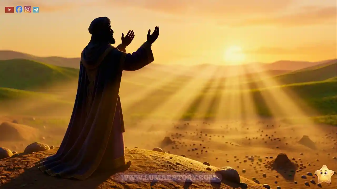 ظل النبي سليمان عليه السلام يرفع يديه للسماء شاكراً الله على نعمه في مشهد هادئ وجميل.