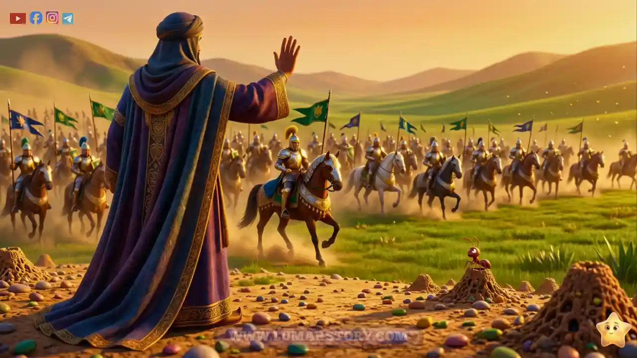 النبي سليمان عليه السلام يظهر من الخلف يوقف جيشه الضخم بعد أن سمع كلام النملة الحكيمة.