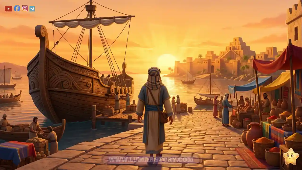 سيدنا يونس يغادر مدينة نينوى متجها إلى ميناء السفن، مشهد من الخلف بتصميم كرتوني وألوان دافئة.