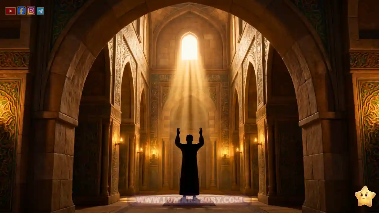 صورة ظلية من الخلف للنبي زكريا وهو يدعو ربه في المحراب تحت إضاءة روحانية دافئة.