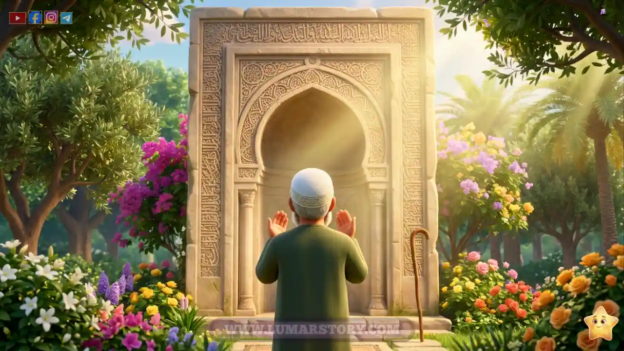 النبي زكريا عليه السلام يدعو الله في المحراب، محاط بالأشجار والزهور الجميلة وإضاءة هادئة.