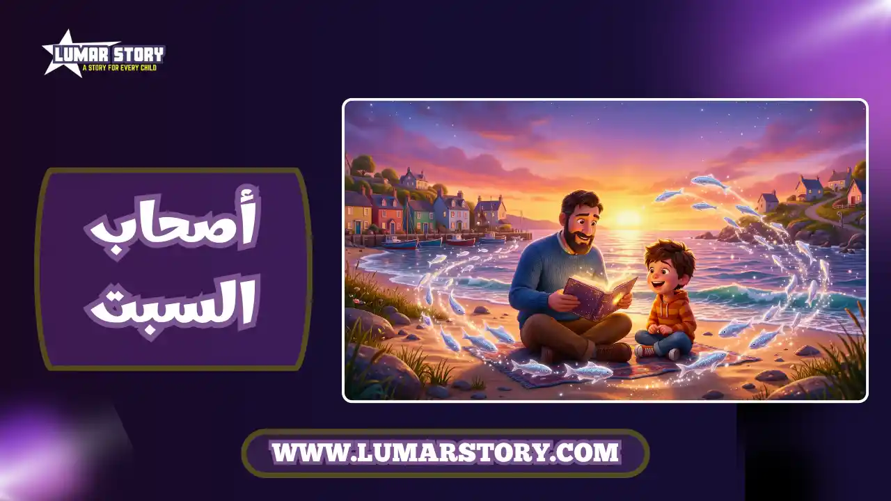 صورة غلاف قصة أصحاب السبت تظهر قرية بحرية وأسماك تقفز وأب يحكي قصة لابنه بأسلوب ثلاثي الأبعاد.