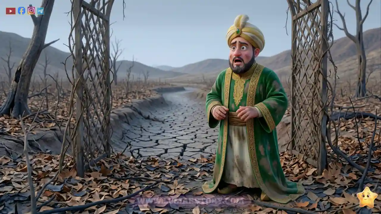 الرجل الغني يقف مصدوماً ومذهولاً في الصباح أمام بستانه الذي تحول إلى أرض قاحلة وجف نهرها.