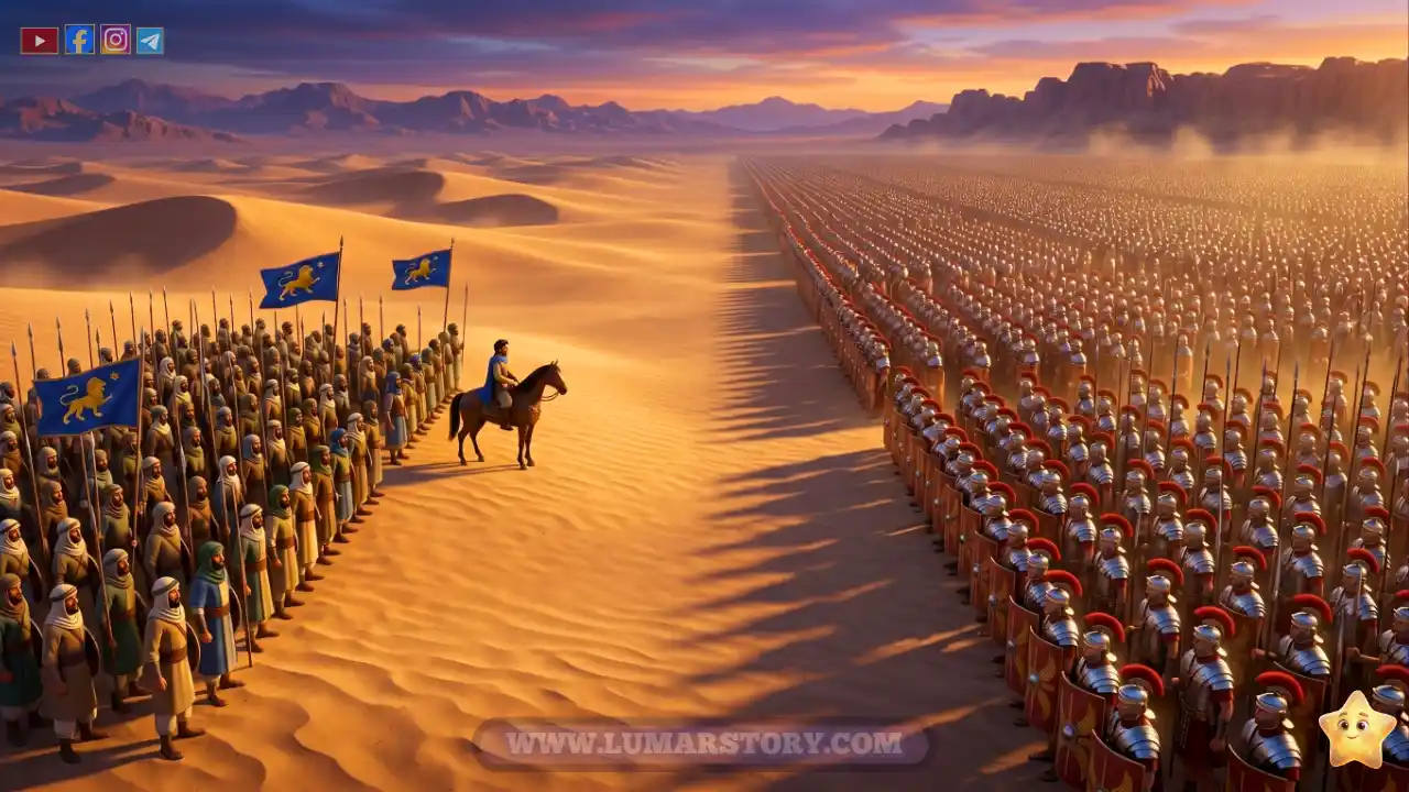 جيش المسلمين الصغير يقف بشجاعة في الصحراء الشاسعة يواجه جيش الروم الضخم الممتد للأفق.
