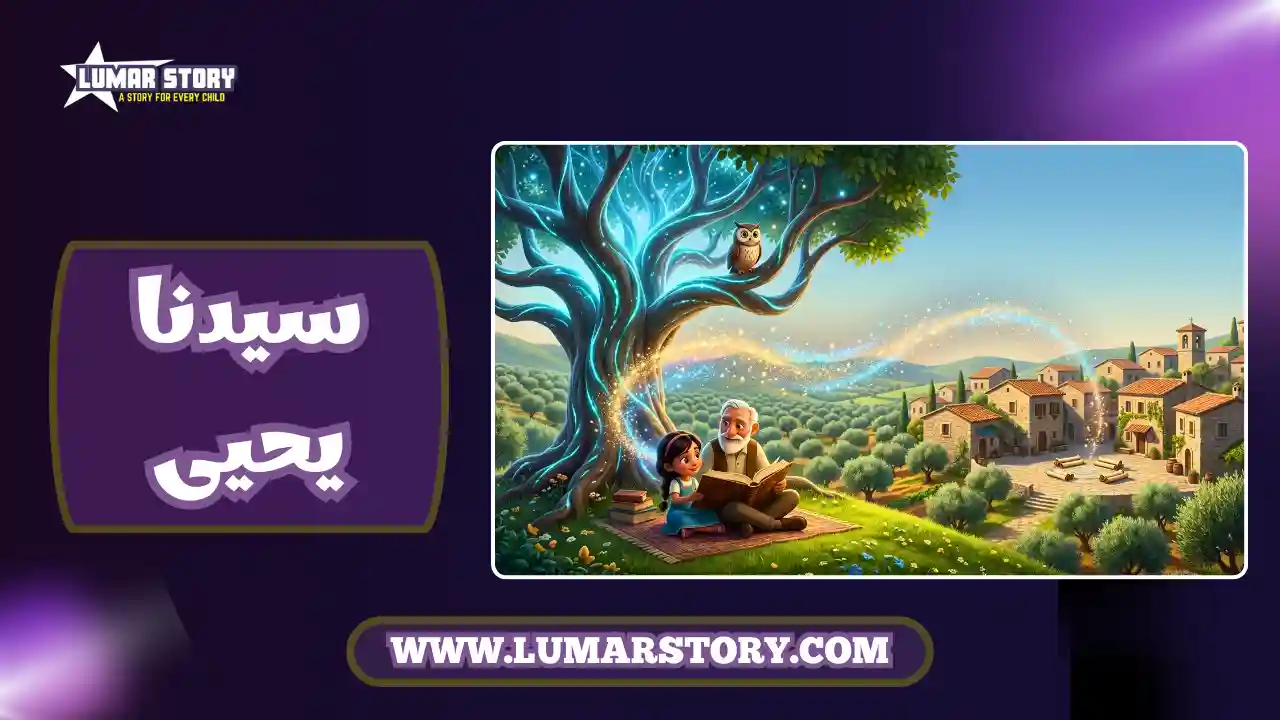 غلاف قصة سيدنا يحيى للأطفال يظهر الجد وحفيدته سلمى يقرأون كتاباً تحت شجرة كبيرة مع خلفية سحرية لقرية قديمة.