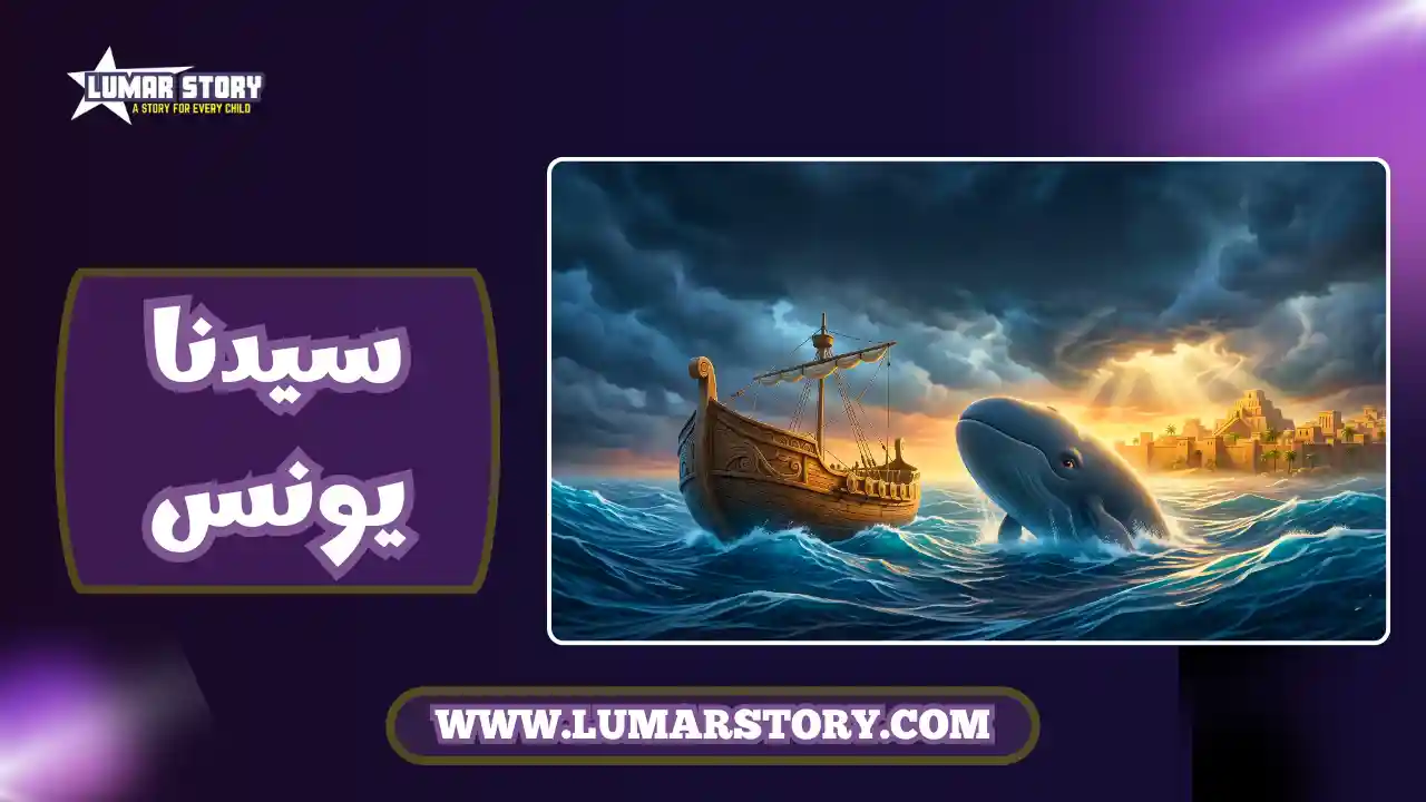 غلاف قصة سيدنا يونس عليه السلام والحوت، تصميم ثلاثي الأبعاد بألوان زاهية ومحببة للأطفال، يظهر سفينة في البحر وحوت ضخم.