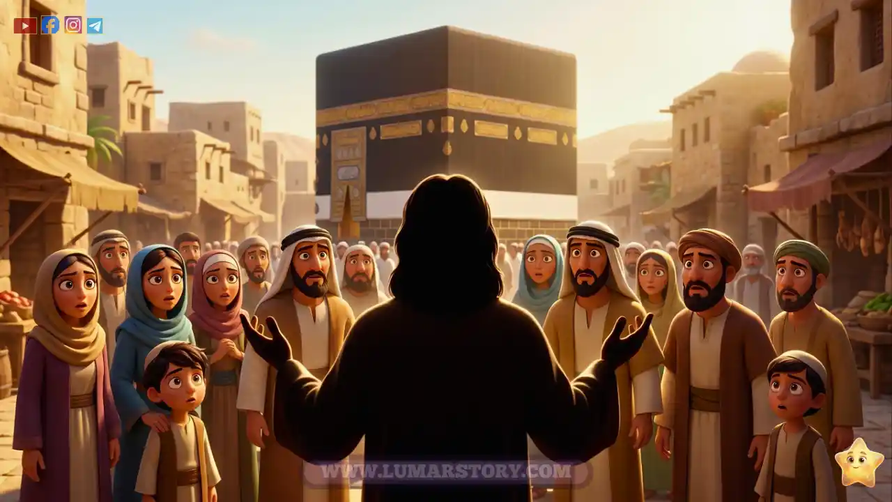 النبي ﷺ يخبر أهل مكة عن رحلة الإسراء والمعراج في الصباح الباكر، وعلامات التعجب تظهر على وجوههم.