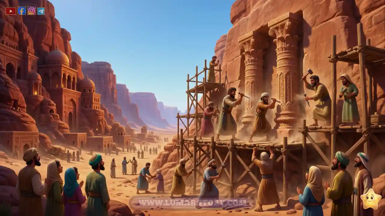 قوم ثمود الأقوياء ينحتون بيوتهم in الجبال العالية بمهارة