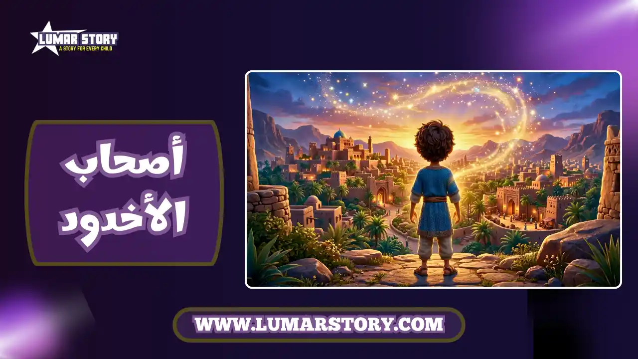 غلاف قصة أصحاب الأخدود يظهر غلاما شجاعا يقف أمام مدينة نجران القديمة تحت سماء مليئة بالنجوم المضيئة