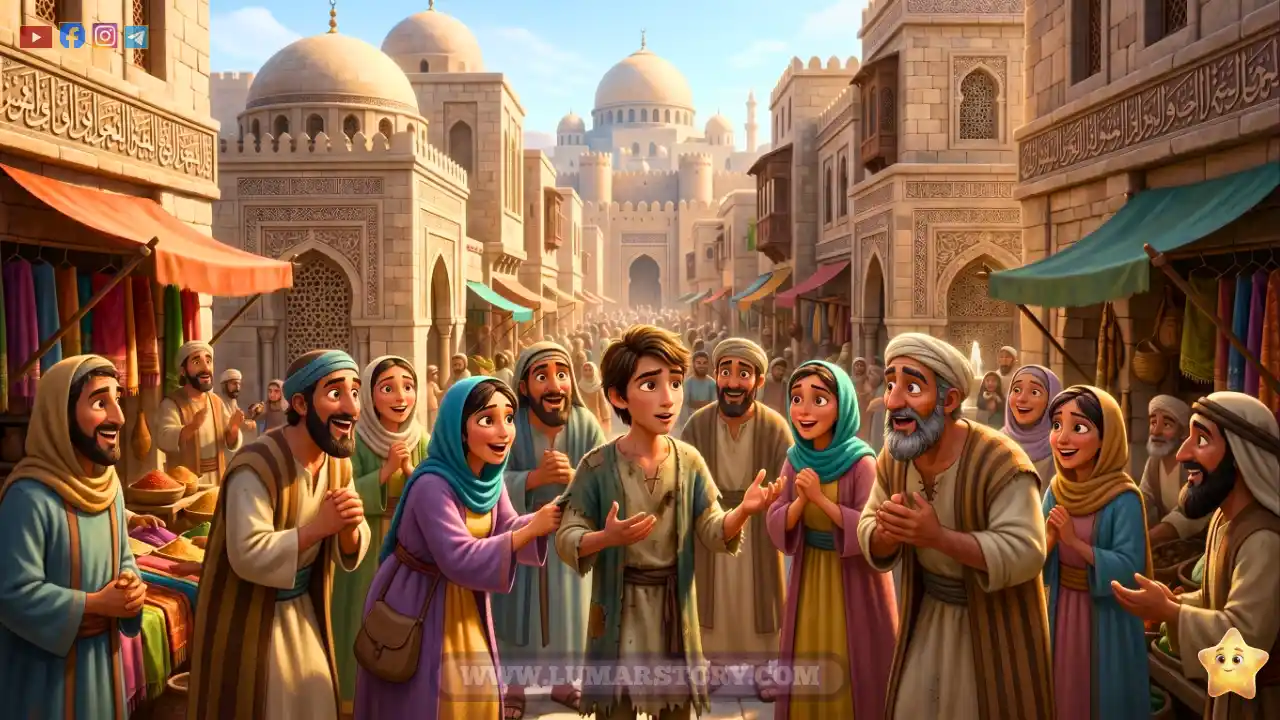 أهل المدينة القديمة يتجمعون حول الفتى في السوق وتملأ وجوههم الدهشة بعد سماع قصته