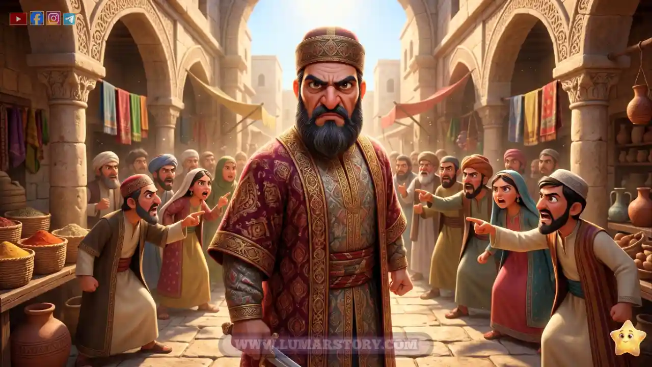 القائد الظالم يقف بغضب بينما يتشاجر الناس في القرية القديمة.