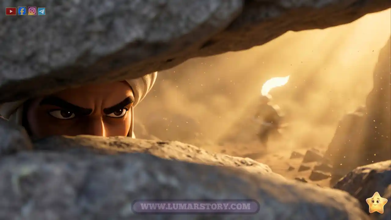 وحشي يختبئ خلف صخرة كبيرة في ساحة المعركة، يراقب ريشة سيدنا حمزة البيضاء بتركيز شديد.