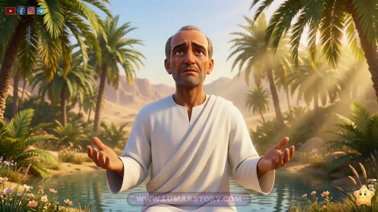 وحشي وقد كبر في السن، يرتدي ملابس بيضاء نظيفة ويدعو الله بتوبة وندم في واحة هادئة، رسومات ثلاثية الأبعاد للأطفال.