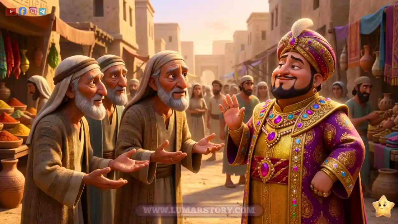 رجال حكماء وطيبون ينصحون قارون بشكر الله، لكنه يرد عليهم بابتسامة مليئة بالغرور والتكبر.