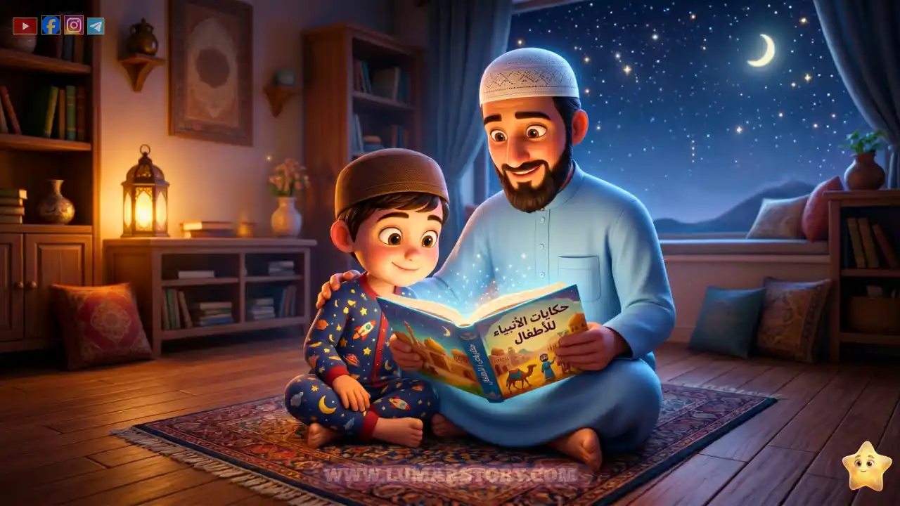 ياسر يجلس مع والده في الغرفة الدافئة يقرآن قصة من القرآن الكريم.
