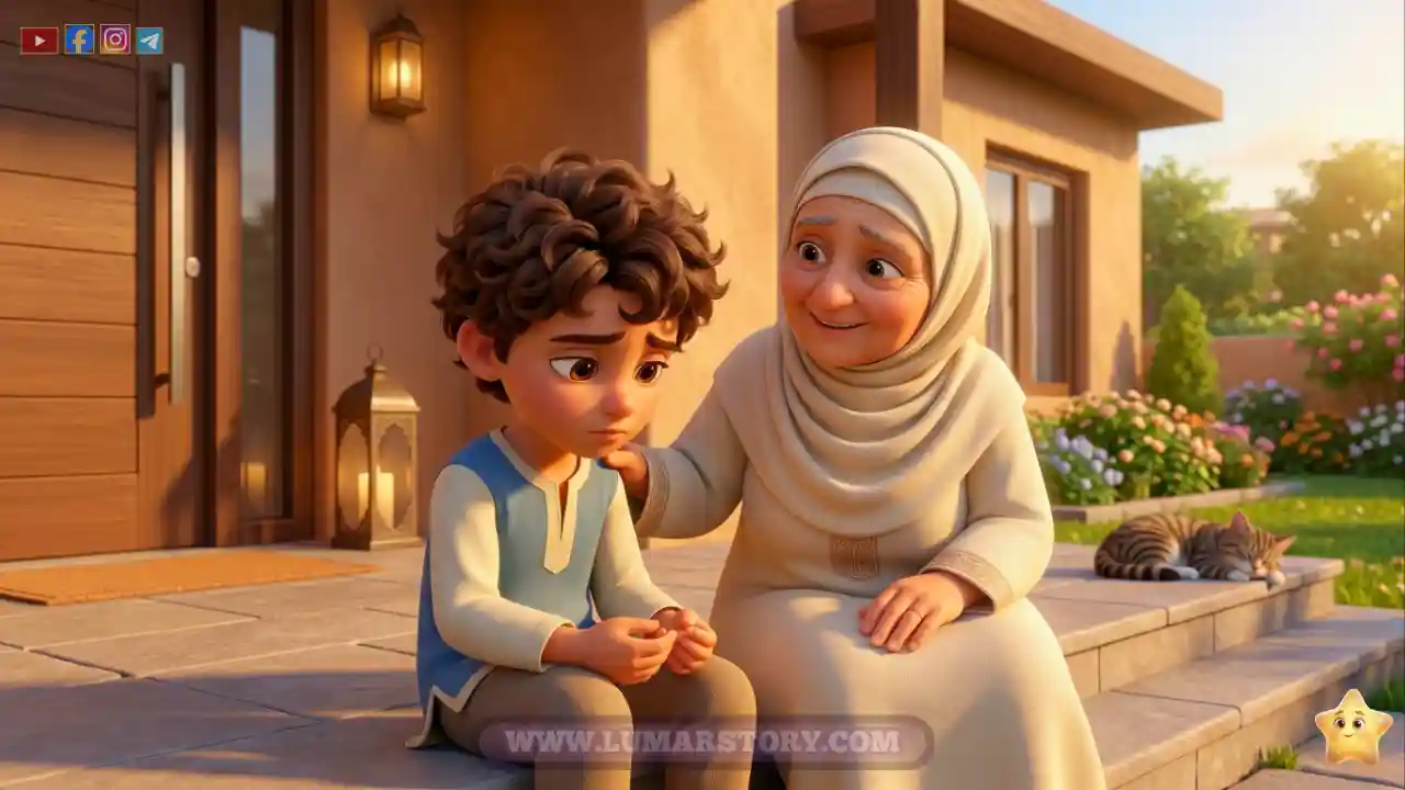 ياسر يجلس حزينا على عتبة البيت وتتحدث معه الجدة أمينة بلطف وحنان.