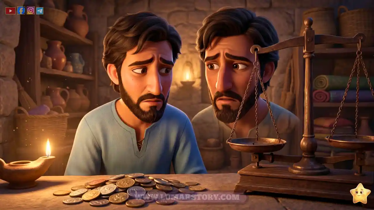تاجر شاب تظهر على وجهه علامات التردد والذنب بسبب الغش في الميزان داخل متجره.