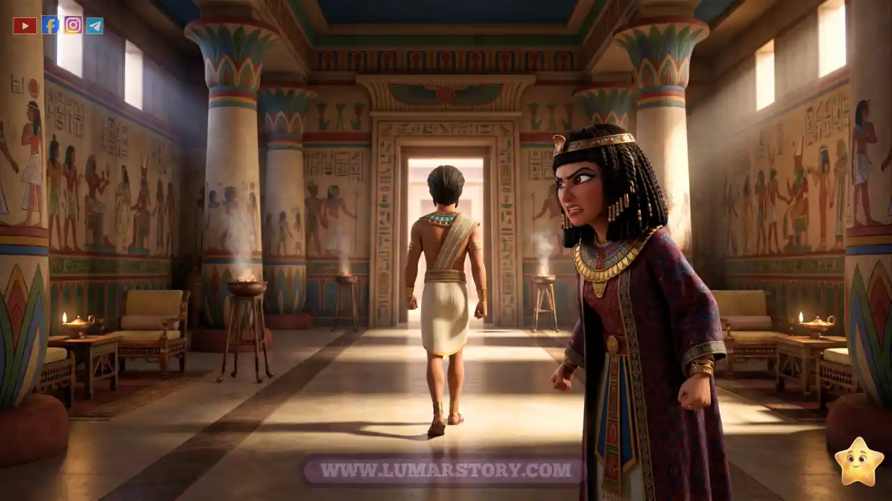 النبي يوسف شاباً يبتعد عن زوجة العزيز الغاضبة ليرفض فعل الخطأ، داخل قصر مصري فخم، المشهد من الخلف.