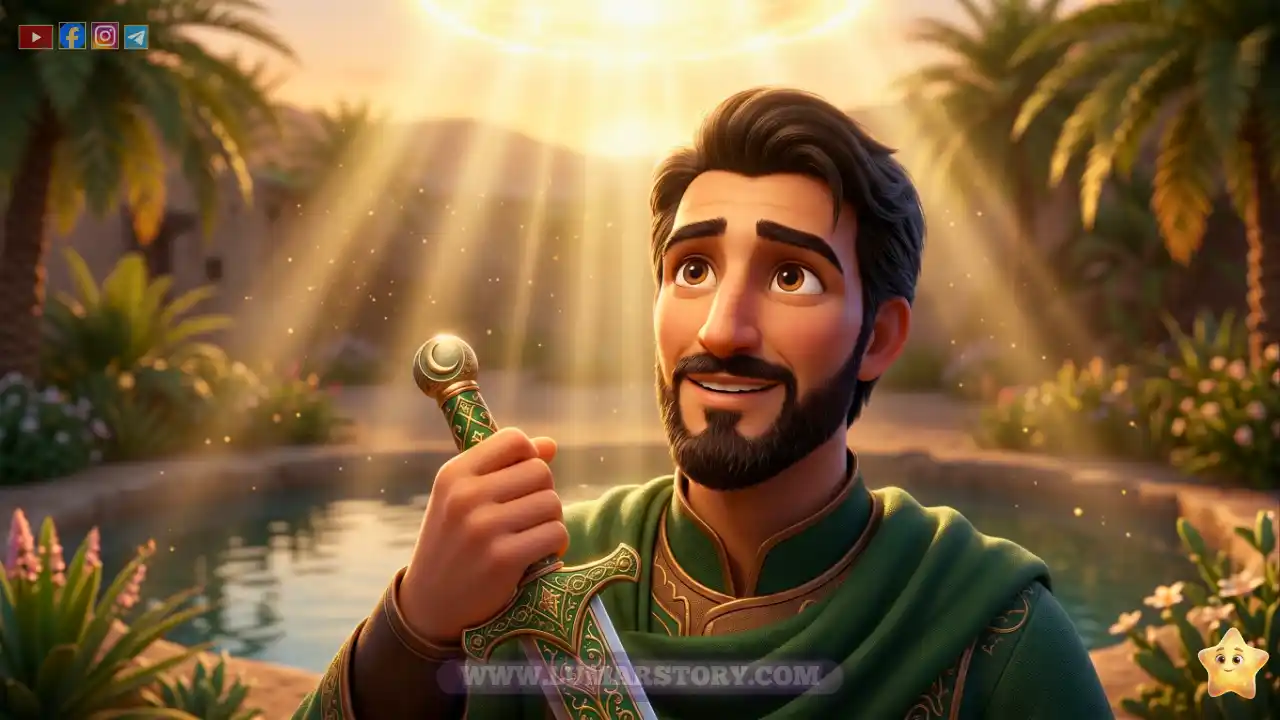 زيد بن حارثة وقد أصبح رجلاً وقائداً شجاعاً، ينظر إلى نور ذهبي يرمز إلى ذكره في القرآن الكريم.